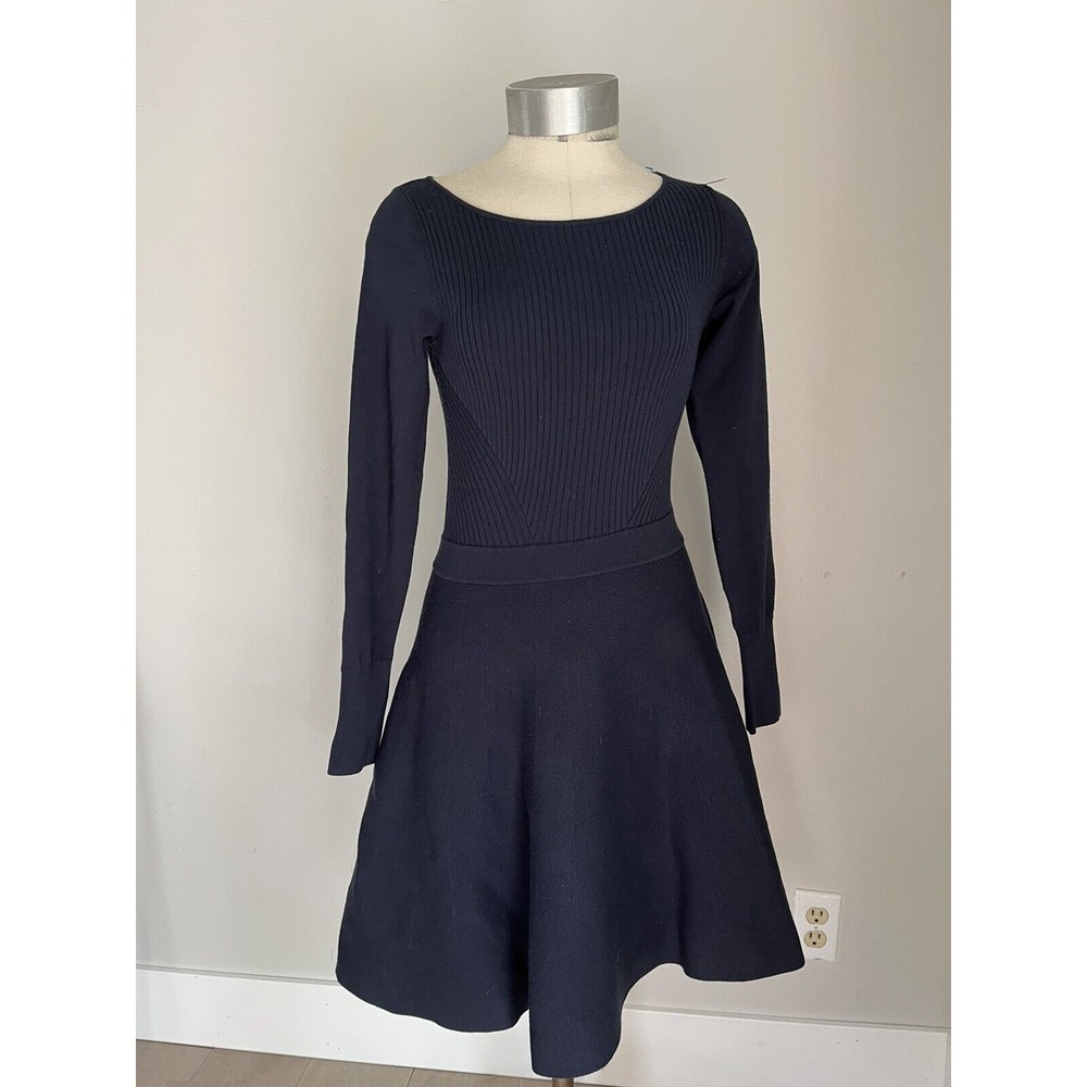 Club Monaco Stretch Ribbed Knit Long Sleeve Fit & Flare Dress XS Navy blue